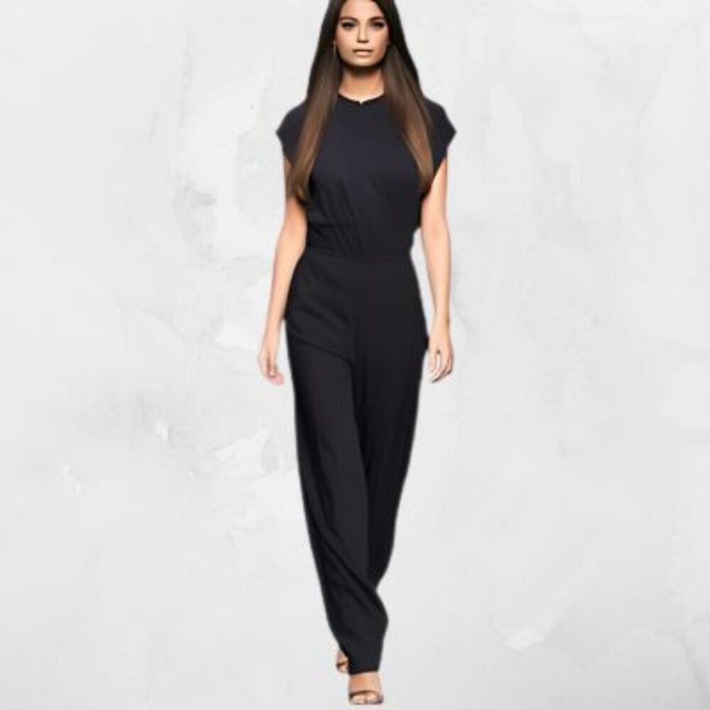 Vince. Black Cap Sleeve Drawstring Waist Fly Front Zipper Jumpsuit
